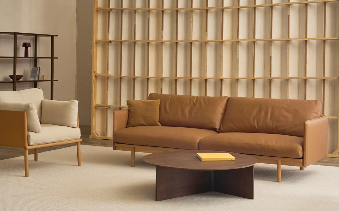 Tolv Pensive 2 Seater Sofa - Pecan Leather - Light Oak