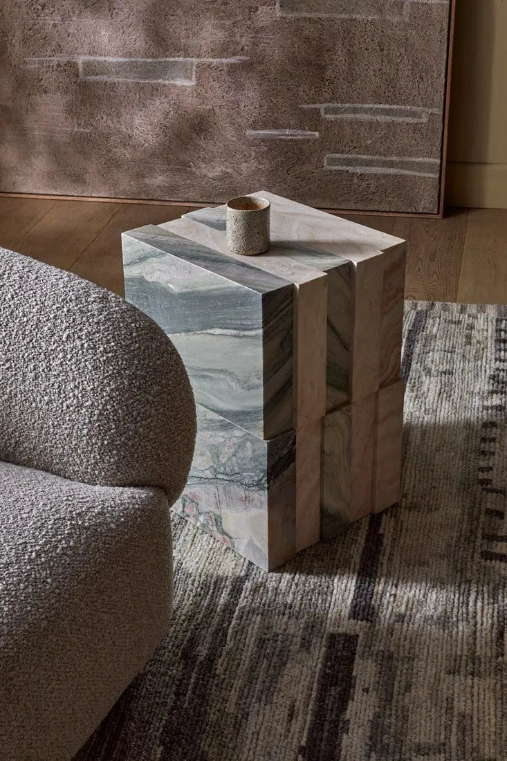 Zelda Marble Side Table - Marine Marble - Natural Travertine