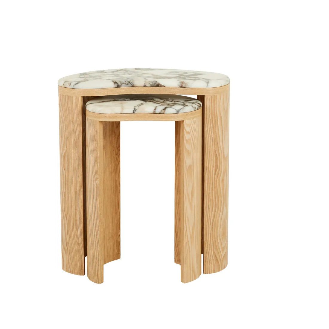 Oberon Curve Nest Of 2 Marble Side Tables - Natural Ash - Matt Ocean Marble