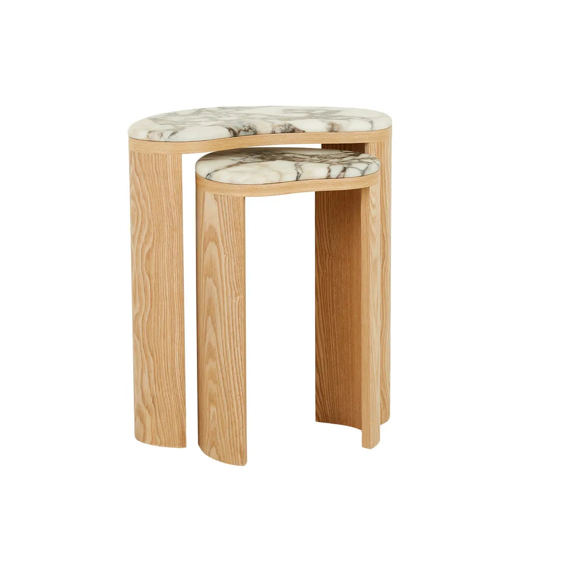 Oberon Curve Nest Of 2 Marble Side Tables - Natural Ash - Matt Ocean Marble