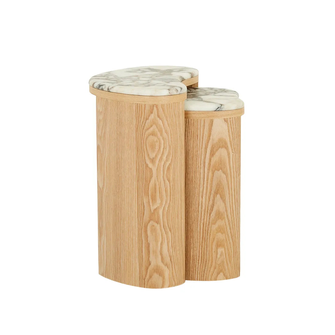 Oberon Curve Nest Of 2 Marble Side Tables - Natural Ash - Matt Ocean Marble