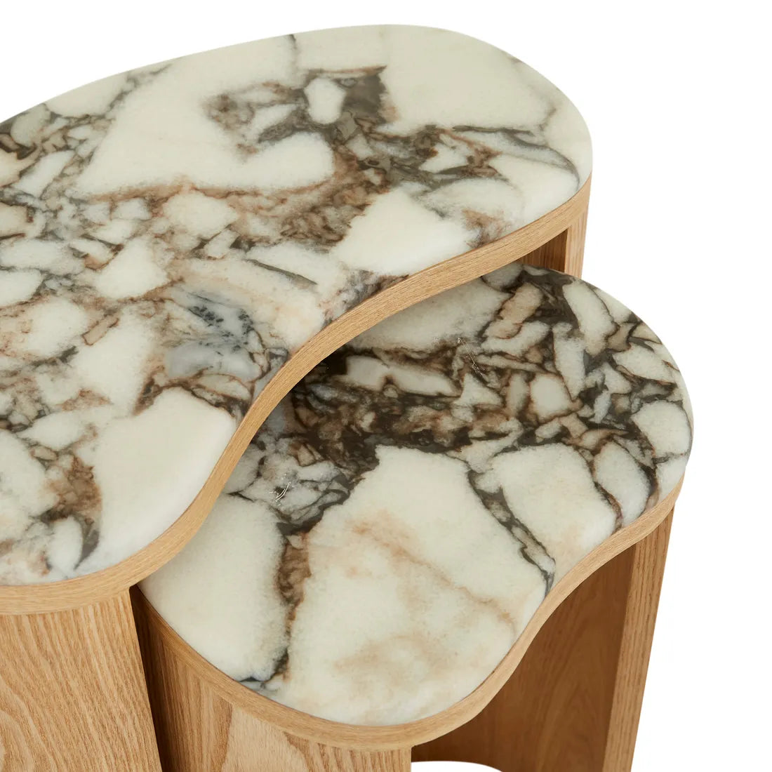 Oberon Curve Nest Of 2 Marble Side Tables - Natural Ash - Matt Ocean Marble