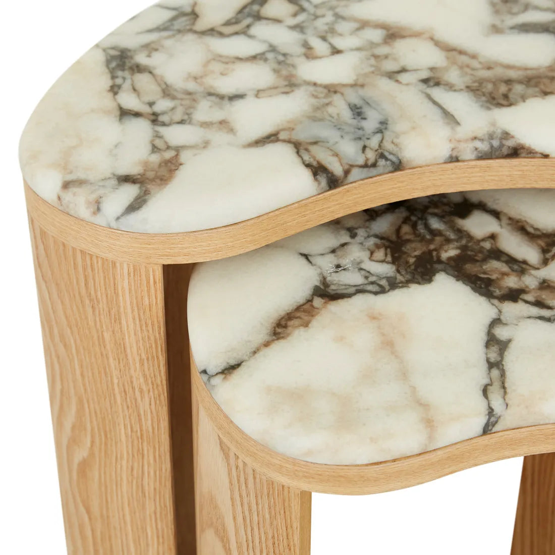 Oberon Curve Nest Of 2 Marble Side Tables - Natural Ash - Matt Ocean Marble