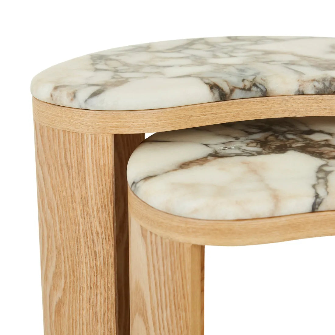 Oberon Curve Nest Of 2 Marble Side Tables - Natural Ash - Matt Ocean Marble