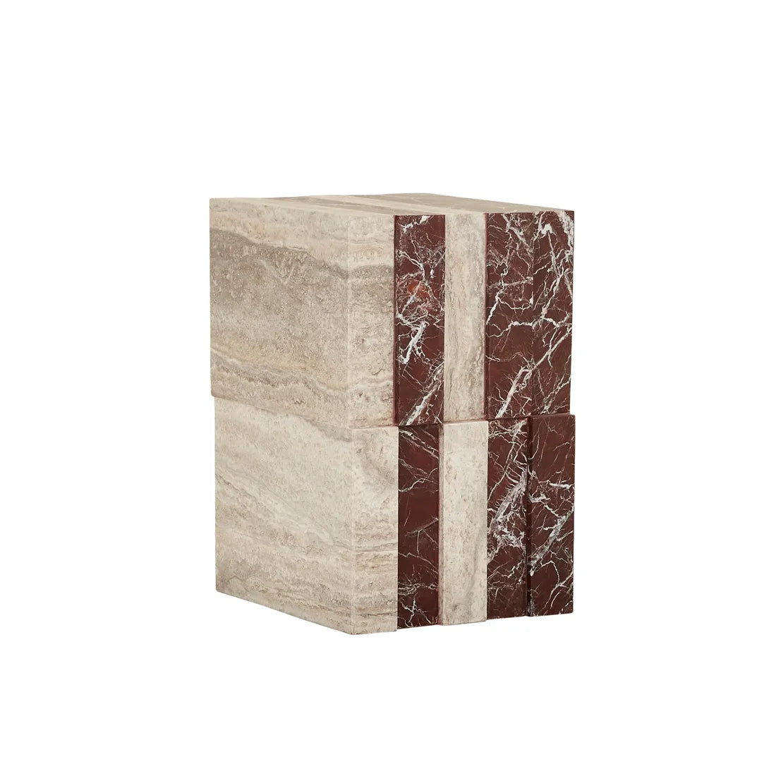Zelda Marble Side Table - Rouge Marble - Satin Grey Travertine