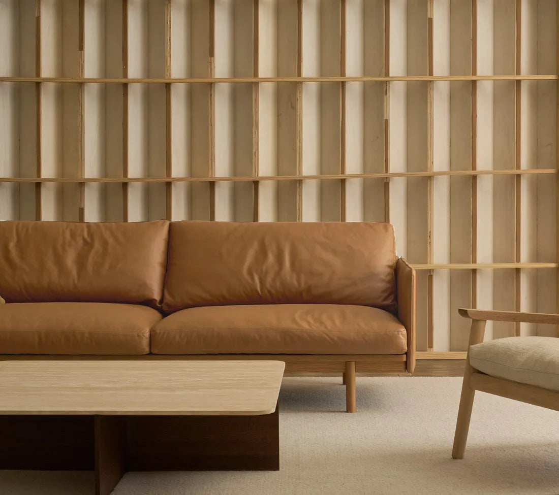 Tolv Pensive 2 Seater Sofa - Pecan Leather - Light Oak